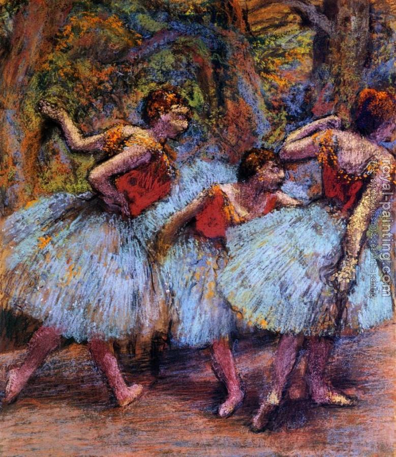Edgar Degas : Three Dancers, Blue Skirts, Red Blouses